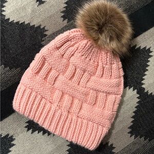 Pink Knit Women’s Ponytail Beanie with Faux Fur Pom-Pom